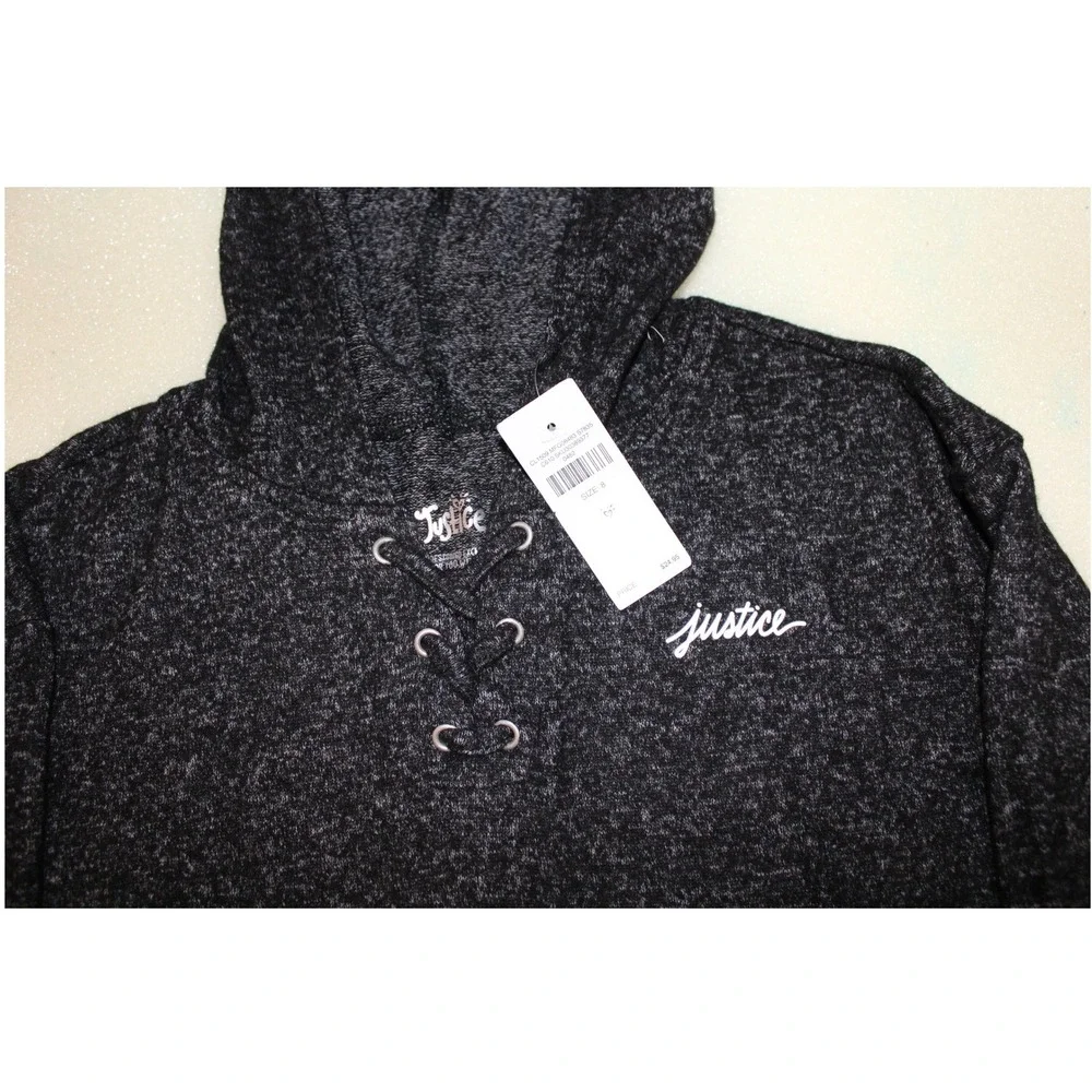 Justice Girls Lace Up Hoodie Space Dye Charcoal Grey Long Sleeve Sweatshirt NWT